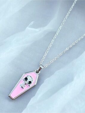 5/$25 Pink Coffin Pendant Necklace with Skull Charm on Stainless Steel Chain